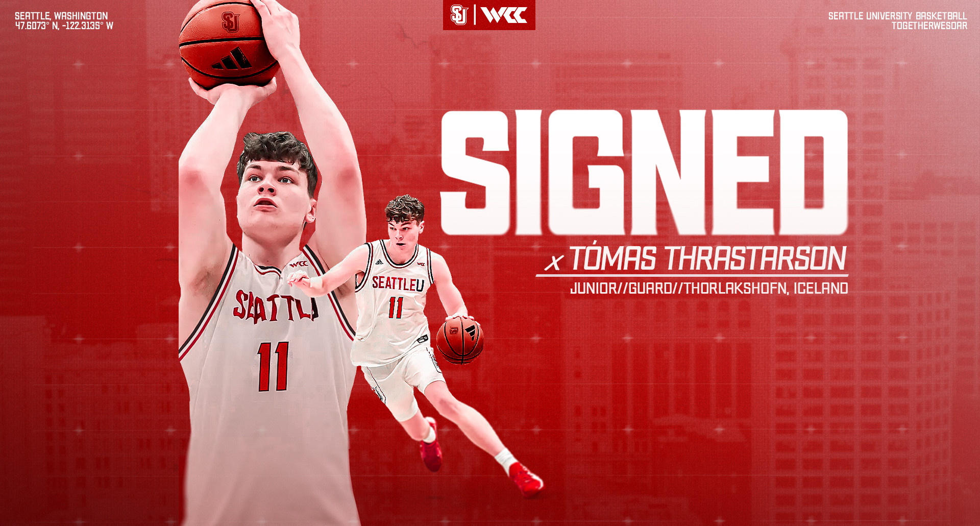 Seattle U men's basketball signs Tomas Thrastarson to its 2026-27 roster.